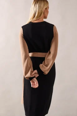 Petite Colour Block Belted Knitted Midi Dress