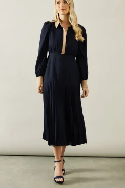 Petite Contrast Collar Pleated Shirt Midi Dress