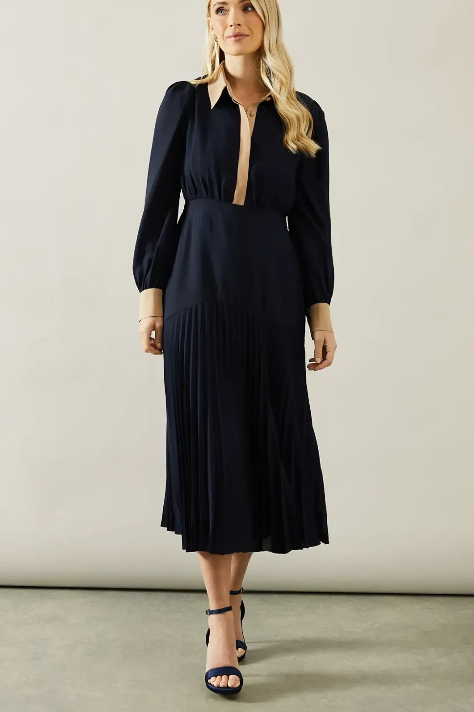 Petite Contrast Collar Pleated Shirt Midi Dress