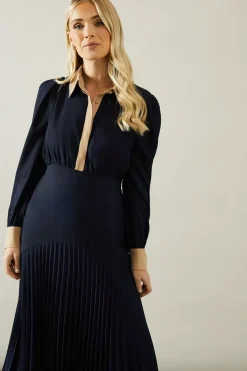 Petite Contrast Collar Pleated Shirt Midi Dress