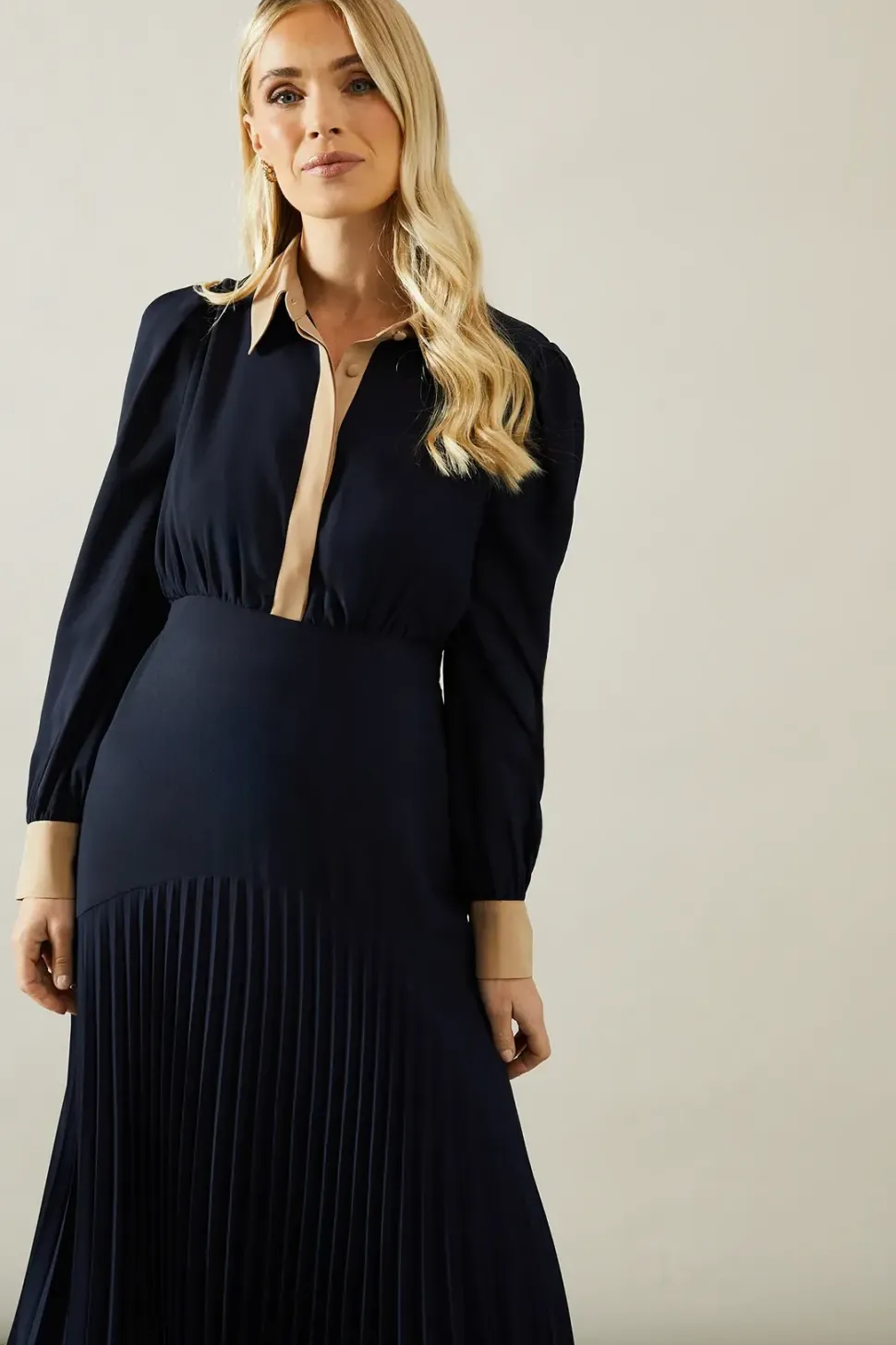 Petite Contrast Collar Pleated Shirt Midi Dress