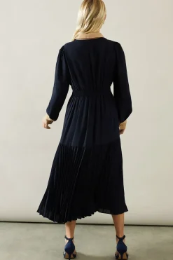 Petite Contrast Collar Pleated Shirt Midi Dress
