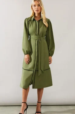 Petite Contrast Piping Tie Waist Shirt Dress