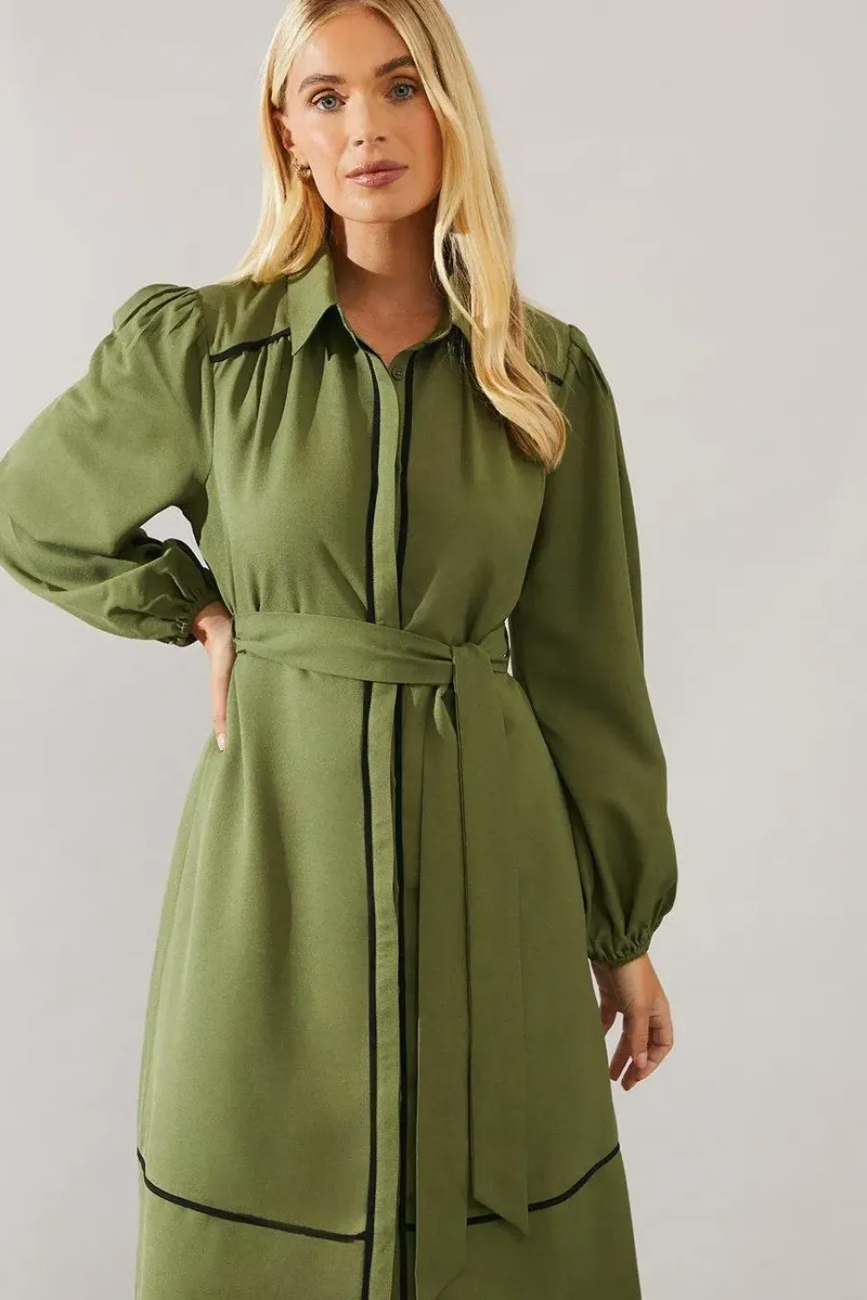 Petite Contrast Piping Tie Waist Shirt Dress