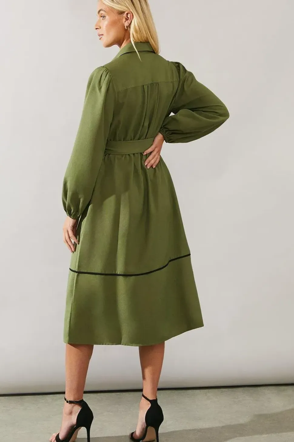Petite Contrast Piping Tie Waist Shirt Dress