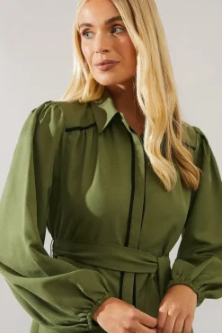 Petite Contrast Piping Tie Waist Shirt Dress