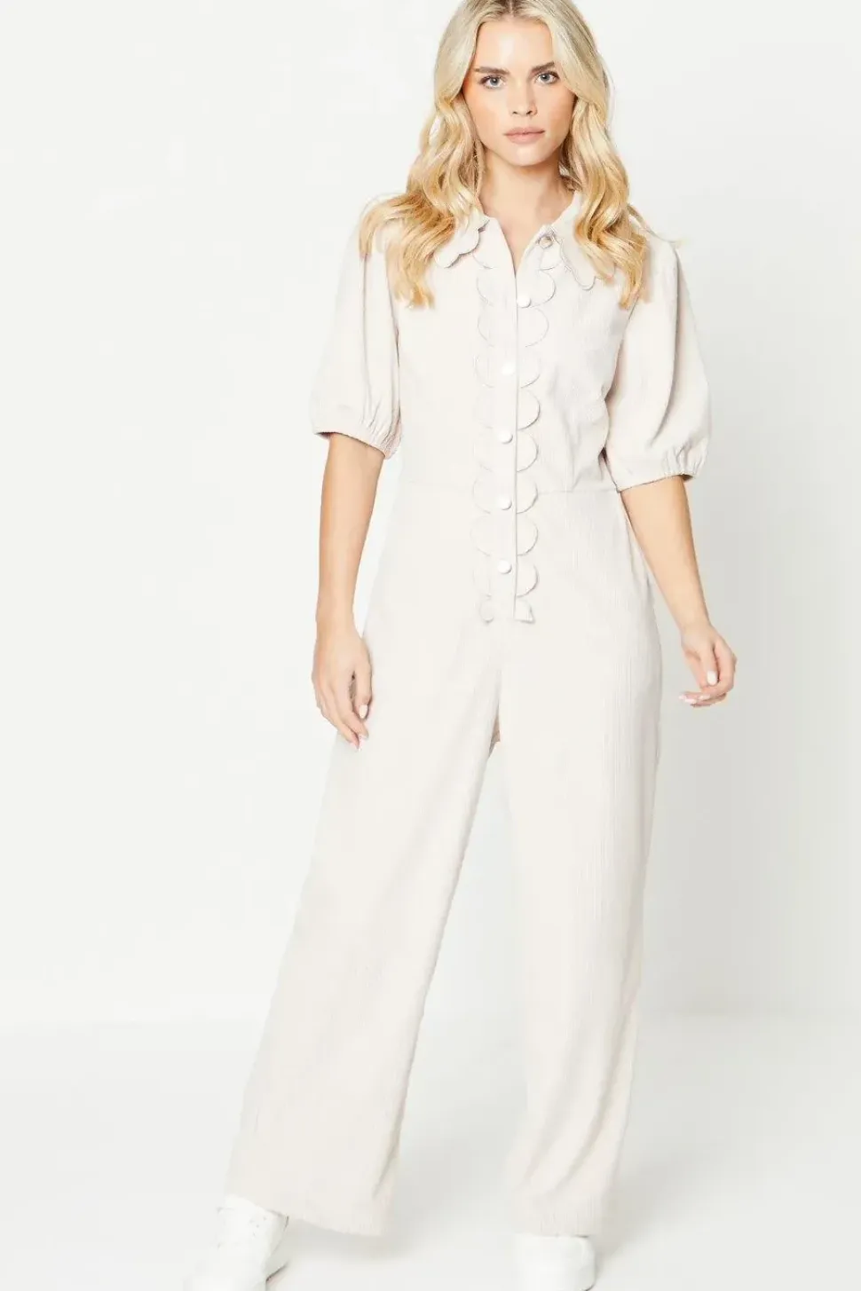 Petite Cord Scallop Edge Collared Jumpsuit