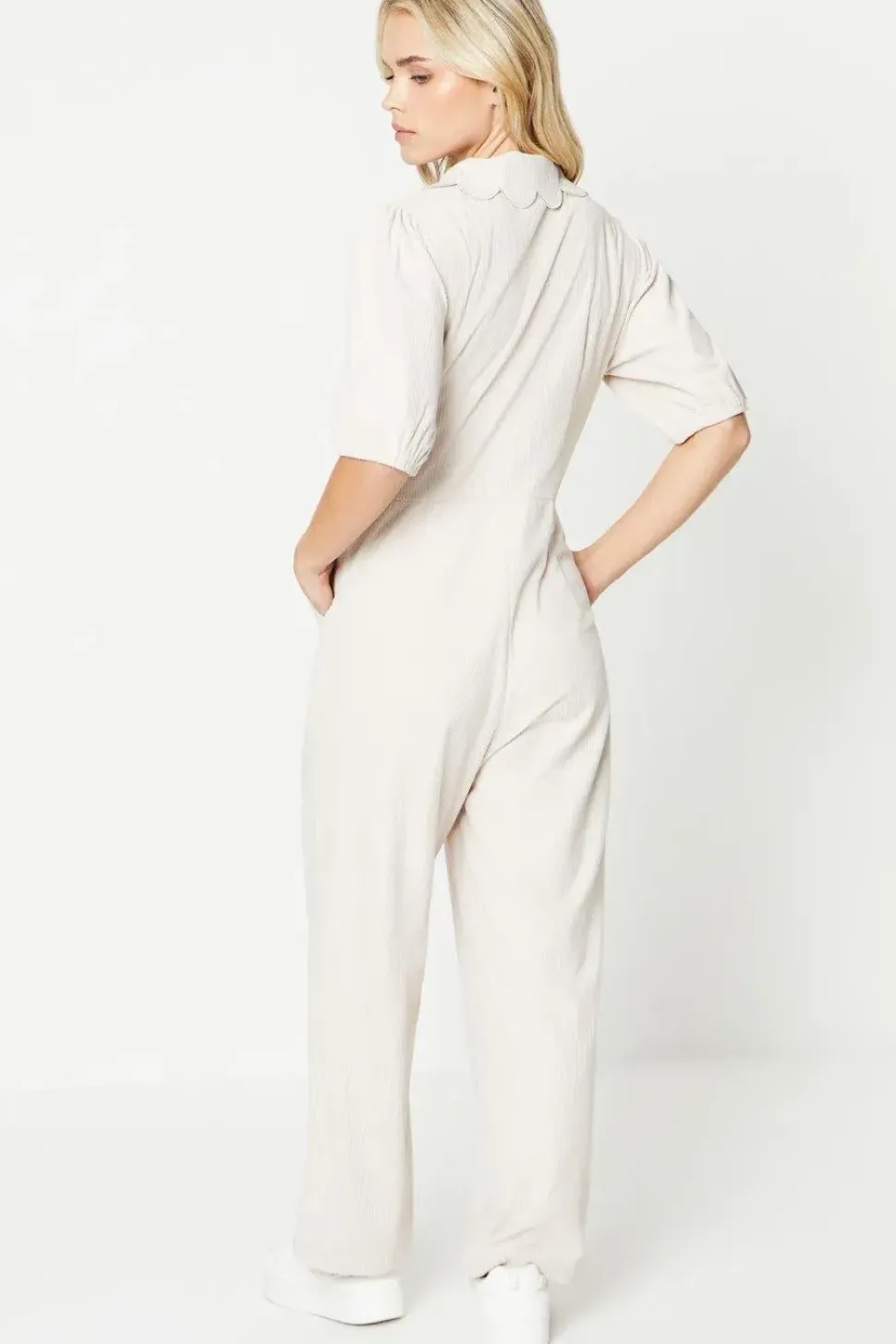 Petite Cord Scallop Edge Collared Jumpsuit