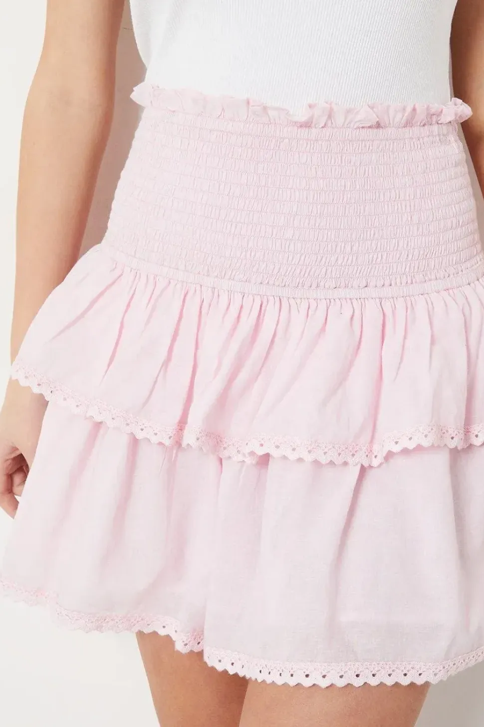 Petite Cotton Lace Trim Shirred Tiered Mini Skirt