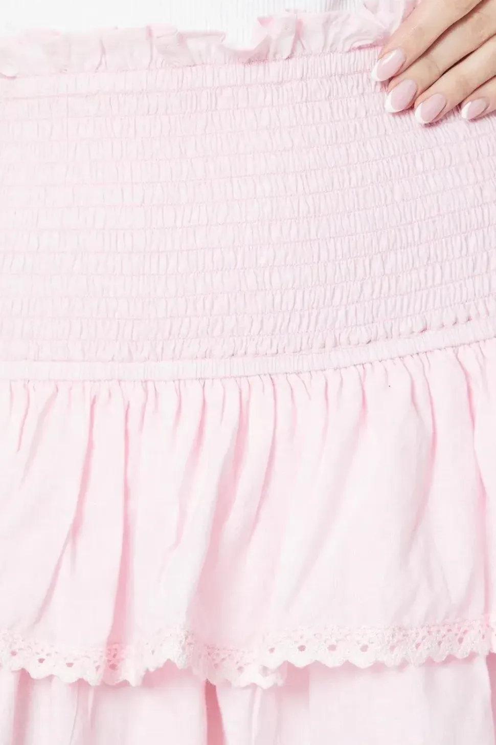 Petite Cotton Lace Trim Shirred Tiered Mini Skirt