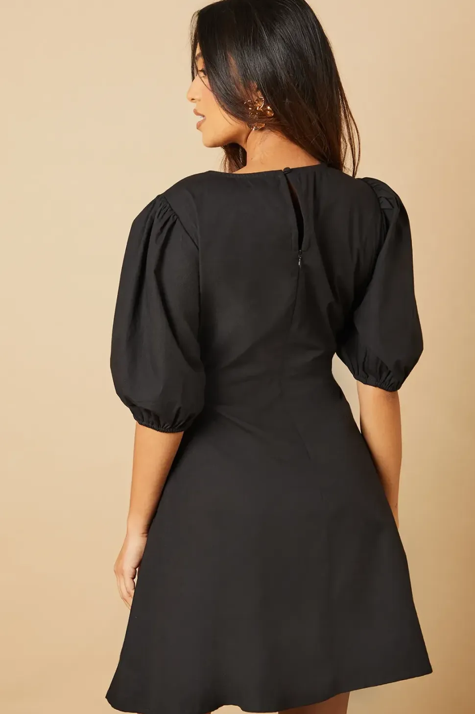 Petite Cotton Poplin Knot Front Puff Sleeve Mini Dress