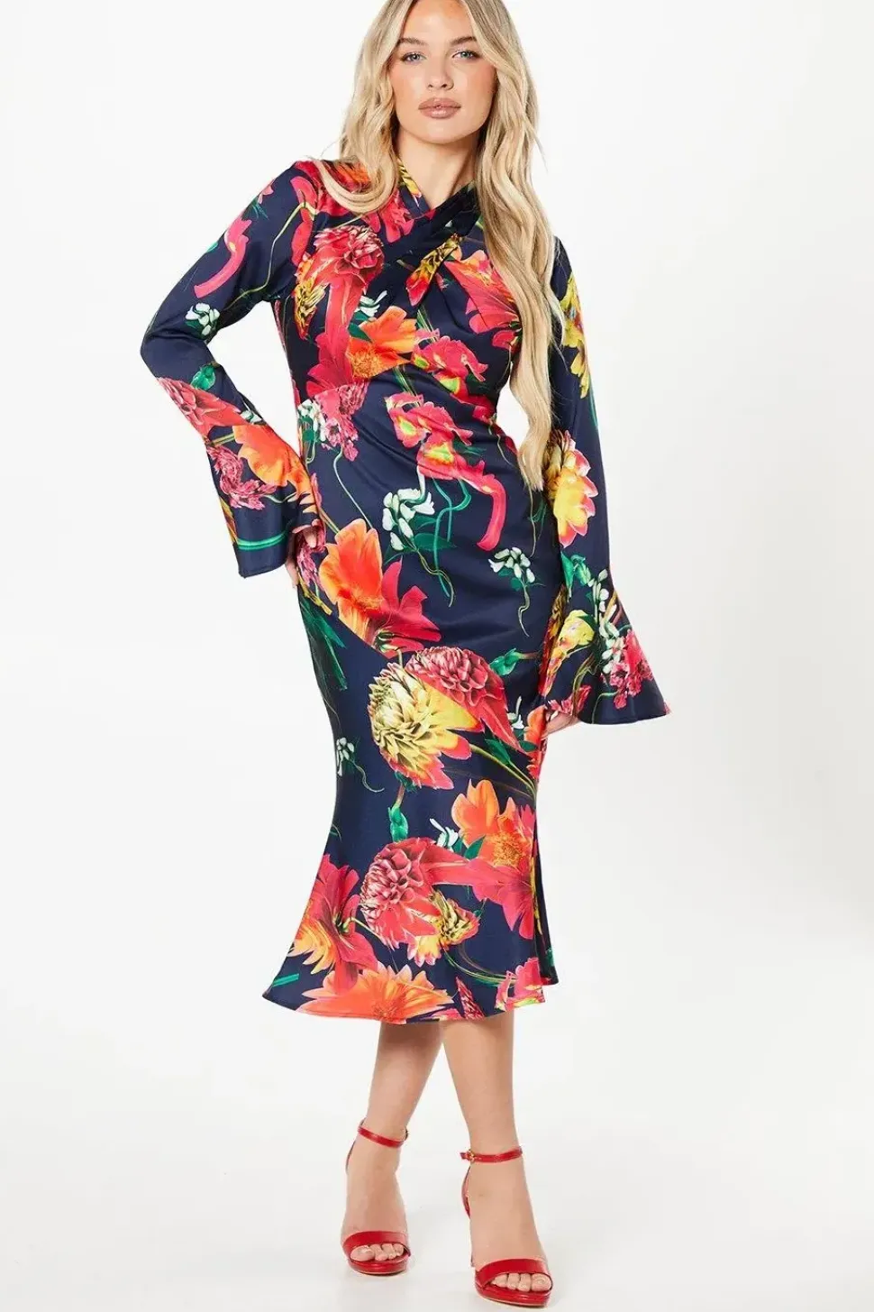 Petite Cross Neck Printed Midi Wedding Guest Dress