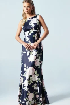 Petite Dahlia Floral Printed Cowl Back Bridesmaids Dress