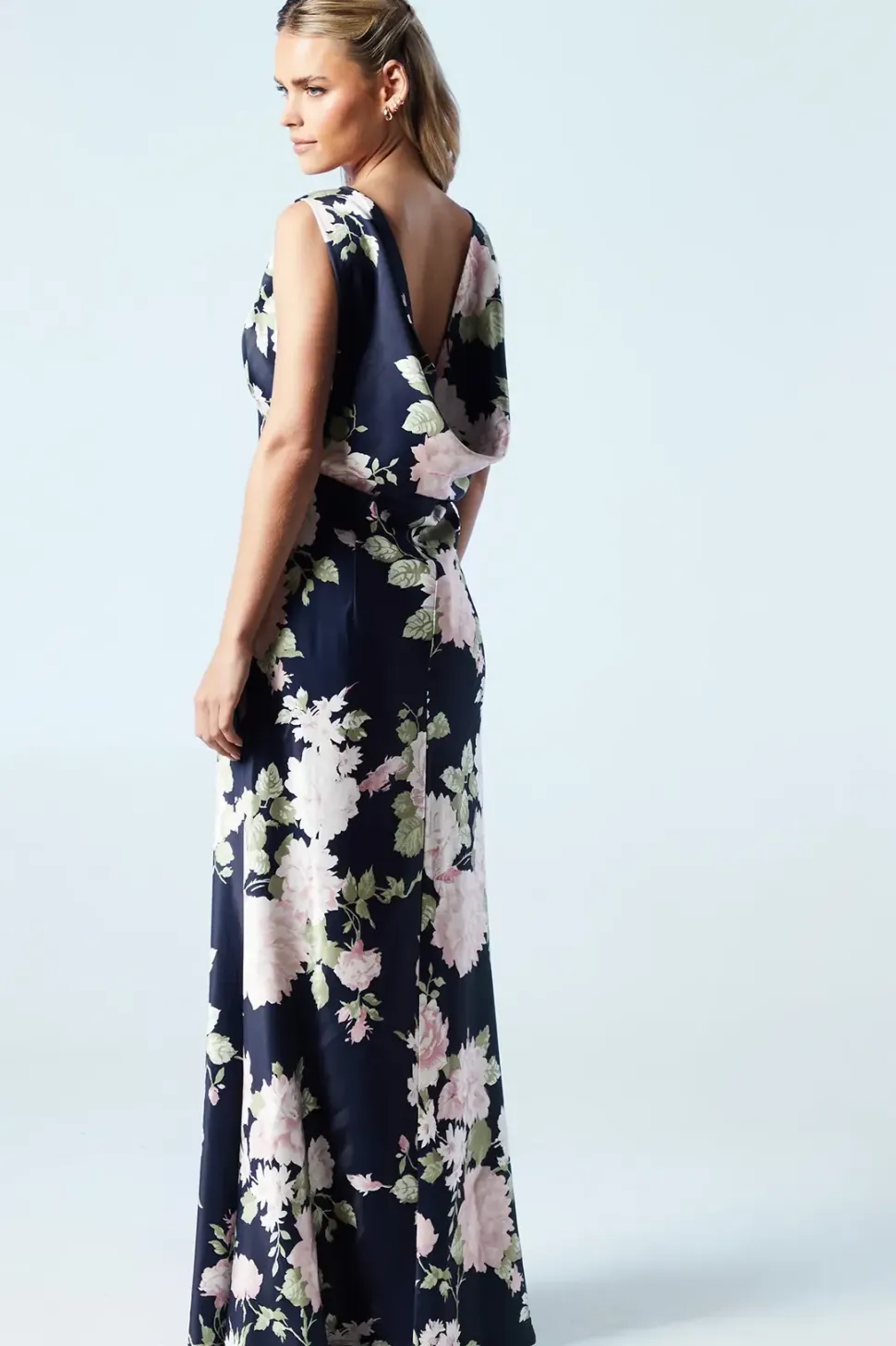 Petite Dahlia Floral Printed Cowl Back Bridesmaids Dress