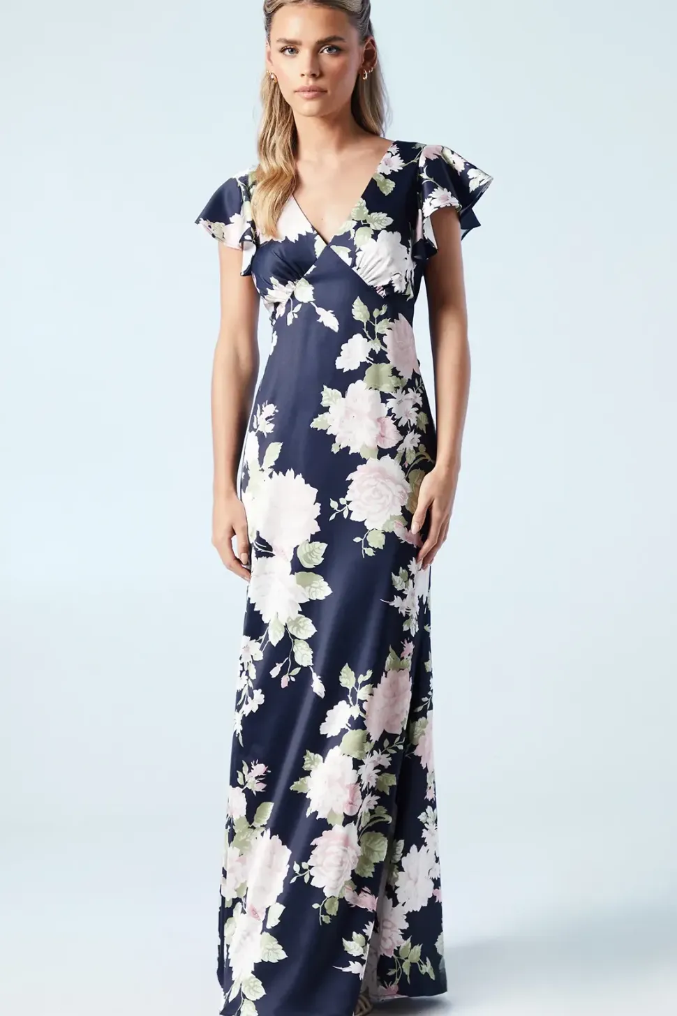 Petite Dahlia Floral Printed Satin Ruffle Sleeve Bridesmaids Dress