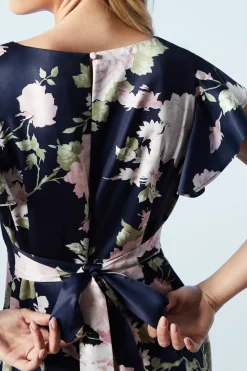 Petite Dahlia Floral Printed Satin Ruffle Sleeve Bridesmaids Dress
