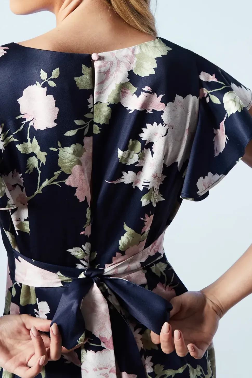 Petite Dahlia Floral Printed Satin Ruffle Sleeve Bridesmaids Dress