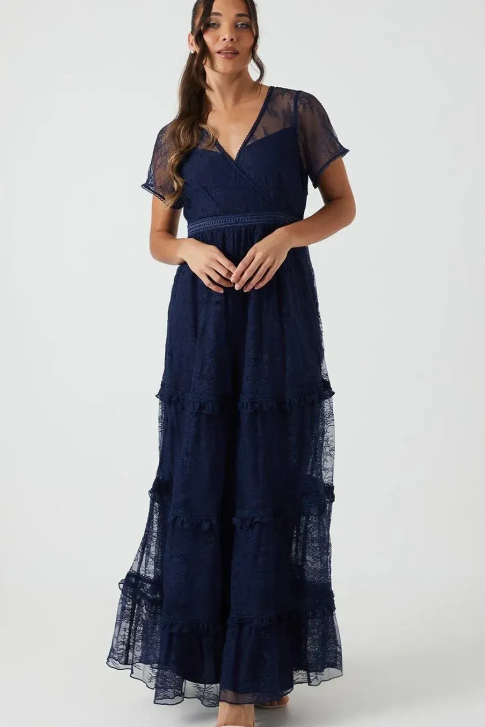 Petite Delicate Lace Trim Tiered Maxi Bridesmaids Dress
