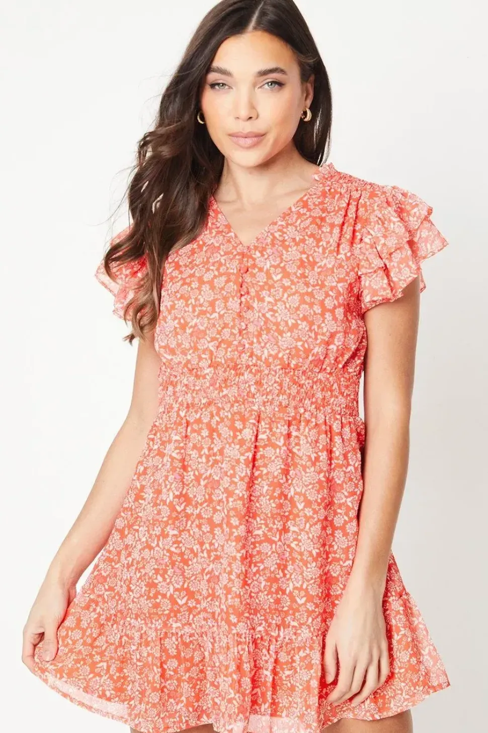 Petite Ditsy Chiffon Shirred Detail Frill Sleeve Mini Dress