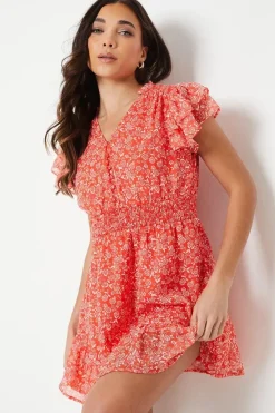 Petite Ditsy Chiffon Shirred Detail Frill Sleeve Mini Dress