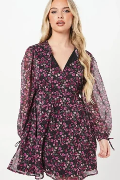 Petite Ditsy Chiffon Tie Neck Mini Dress