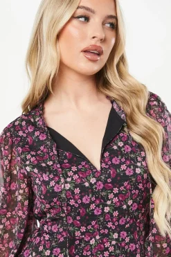 Petite Ditsy Chiffon Tie Neck Mini Dress
