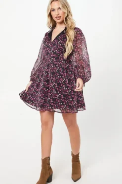 Petite Ditsy Chiffon Tie Neck Mini Dress