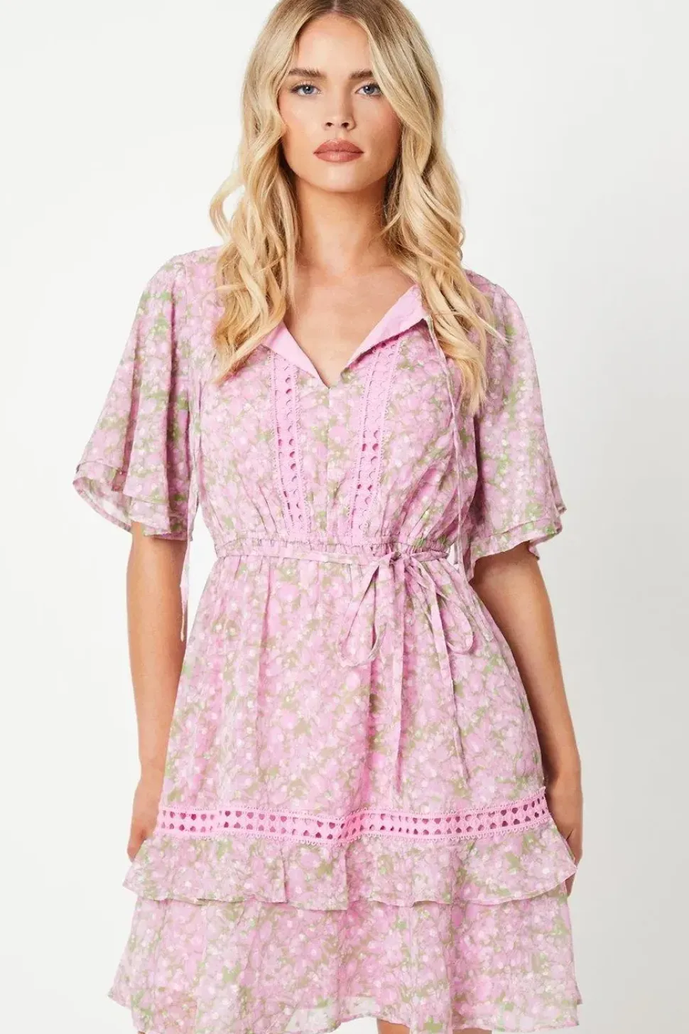Petite Ditsy Dobby Chiffon Trim Insert Skater Dress