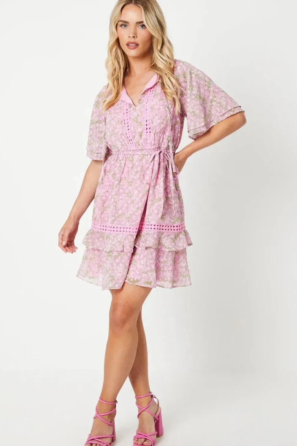 Petite Ditsy Dobby Chiffon Trim Insert Skater Dress