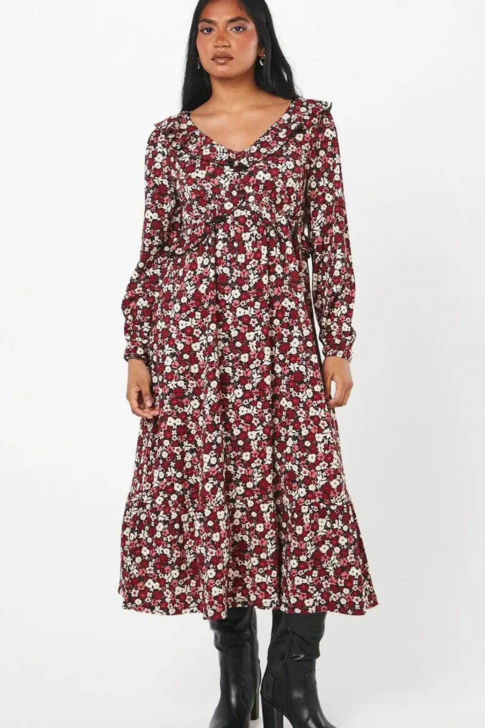 Petite Ditsy Floral Ruffle Front Midi Dress