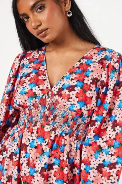 Petite Ditsy Floral V Neck Shirred Waist Midi Dress