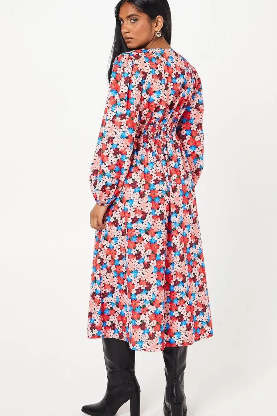 Petite Ditsy Floral V Neck Shirred Waist Midi Dress