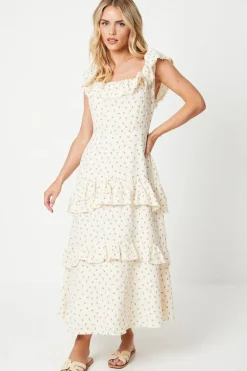 Petite Ditsy Print Cotton Square Neck Frill Detail Midi Dress