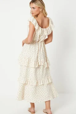 Petite Ditsy Print Cotton Square Neck Frill Detail Midi Dress