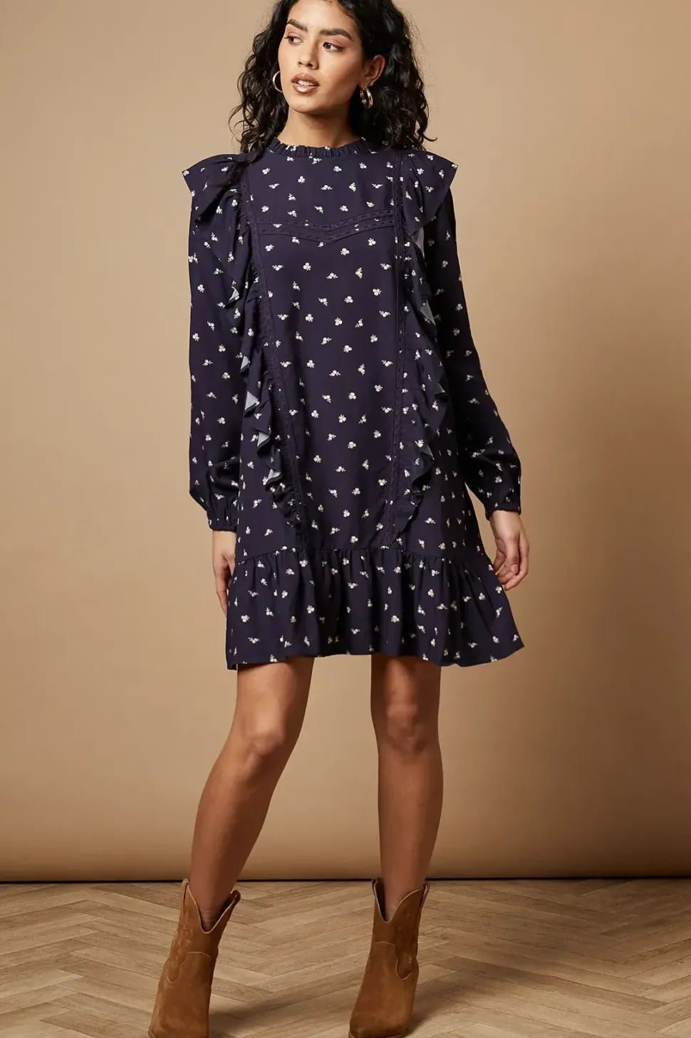 Petite Ditsy Printed Ruffle Lace Trim Mini Dress