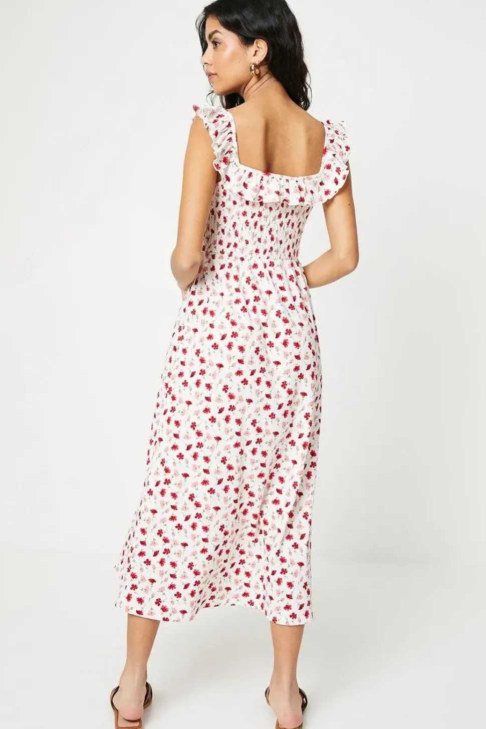 Petite Ditsy Shirred Bodice Ruffle Neckline Midi Dress