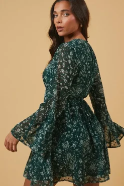 Petite Dobby Chiffon Flared Sleeve Tie Back Mini Dress