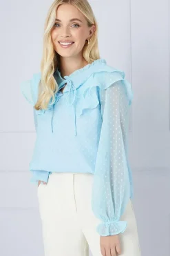 Petite Dobby Ruffle Tie Neck Blouse