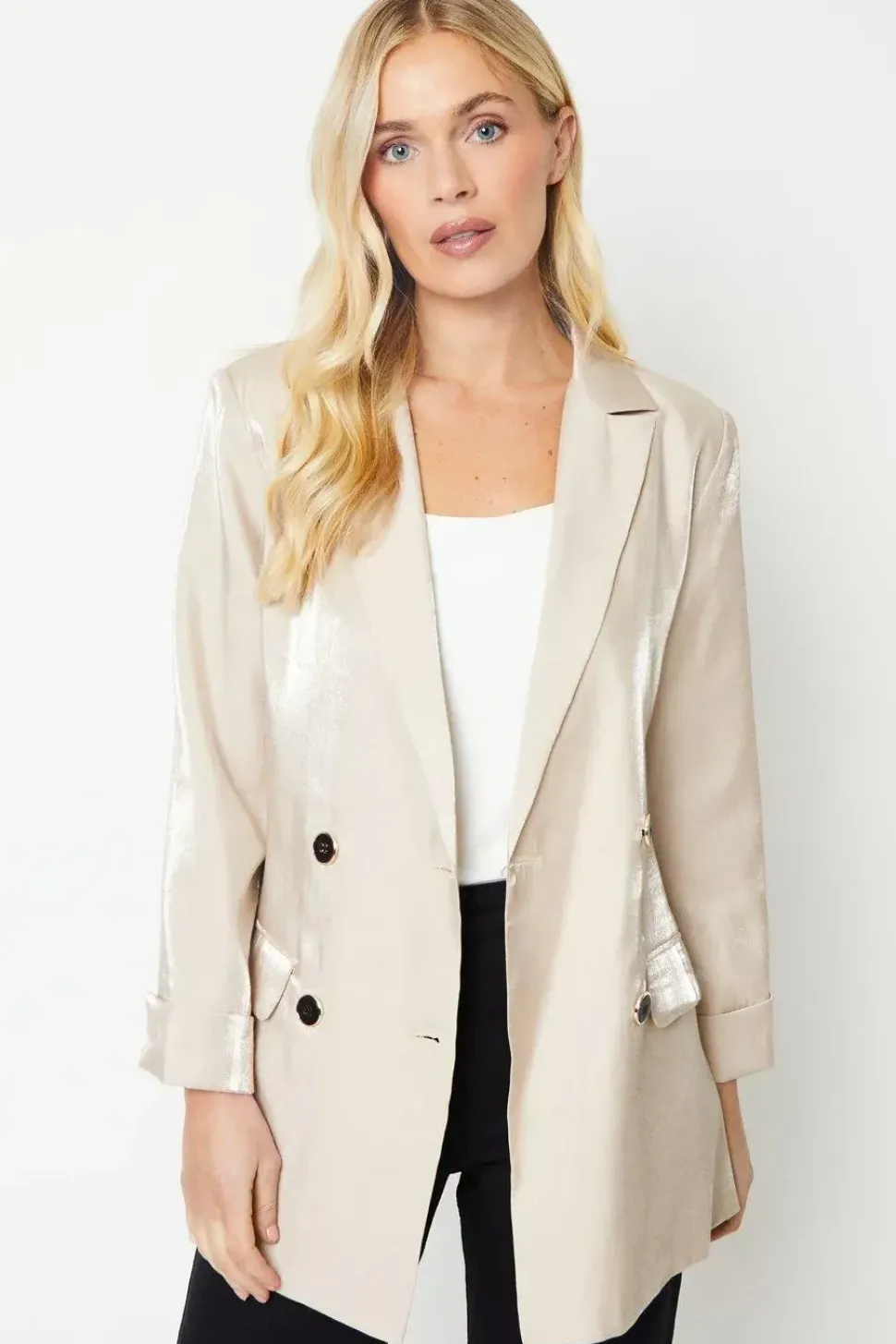 Petite Double Breasted Satin Shimmer Longline Blazer