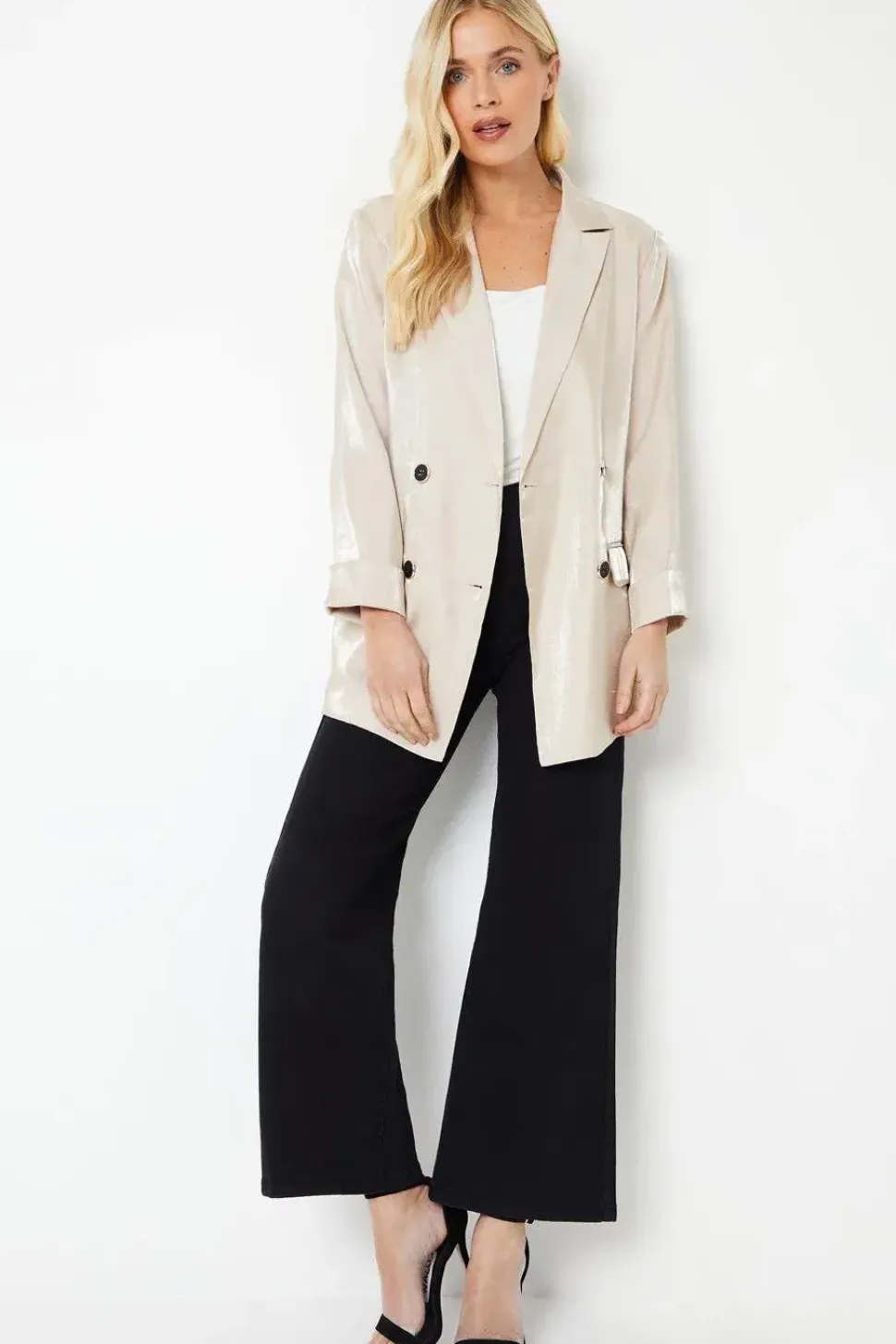 Petite Double Breasted Satin Shimmer Longline Blazer
