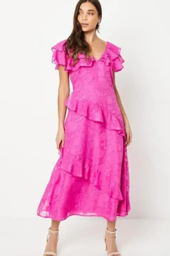 Petite Double Frill Satin Burnout Midaxi Dress