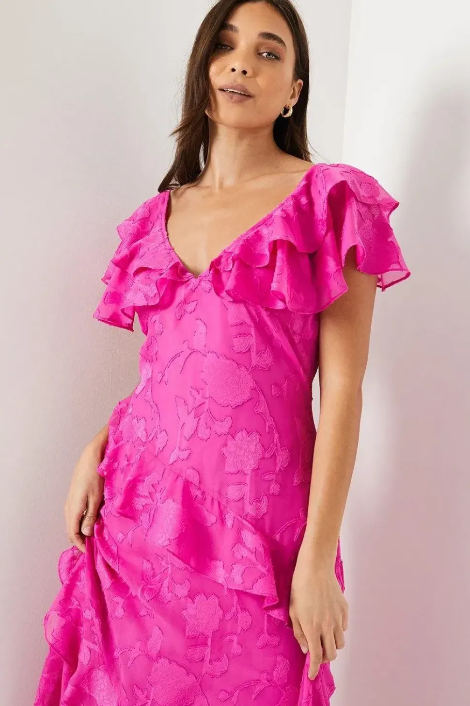 Petite Double Frill Satin Burnout Midaxi Dress