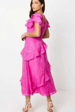 Petite Double Frill Satin Burnout Midaxi Dress