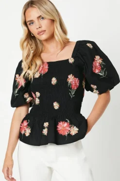 Petite Embroidered Shirred Bodice Blouse