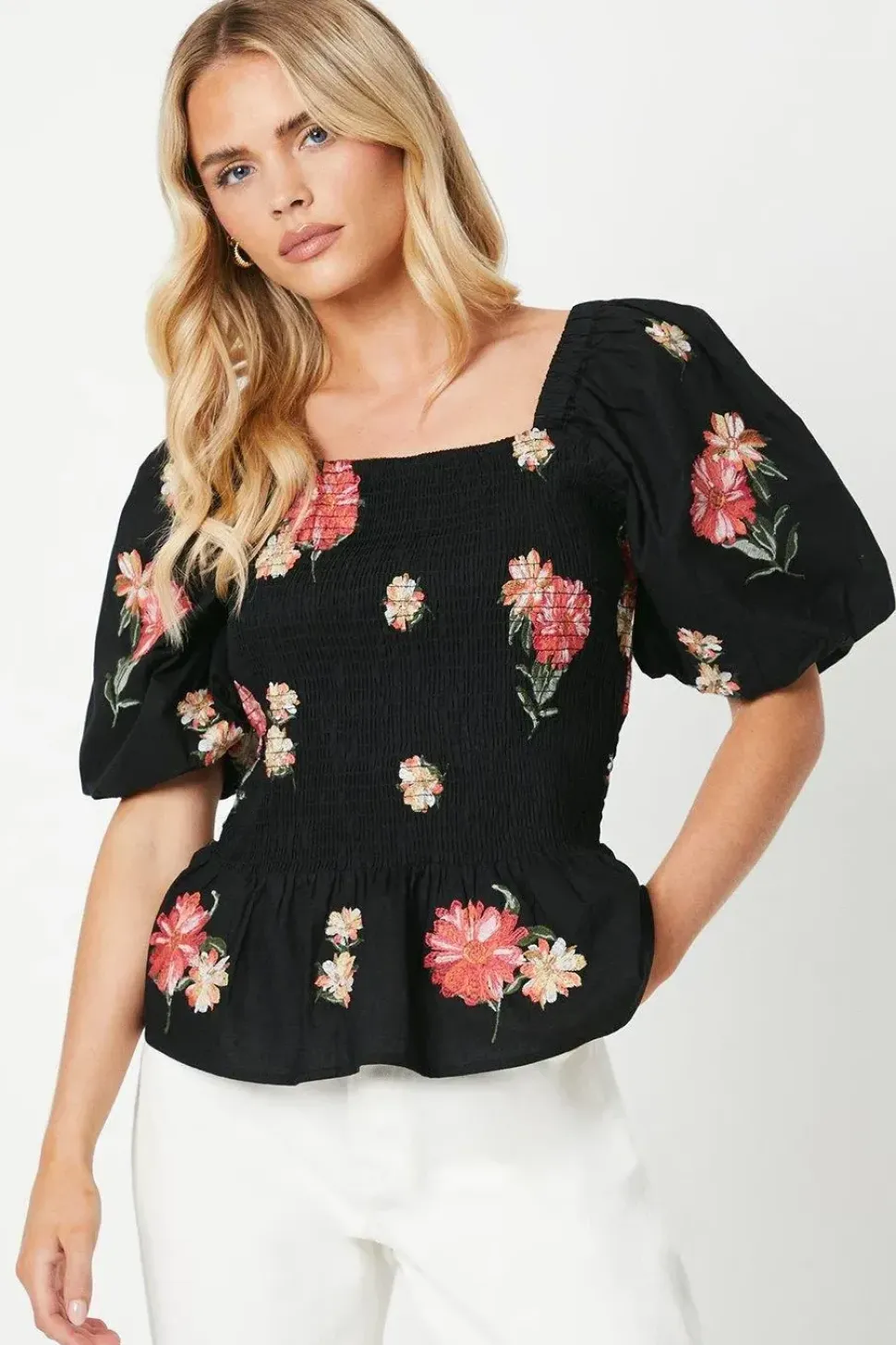 Petite Embroidered Shirred Bodice Blouse
