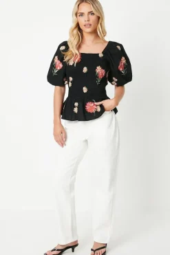 Petite Embroidered Shirred Bodice Blouse