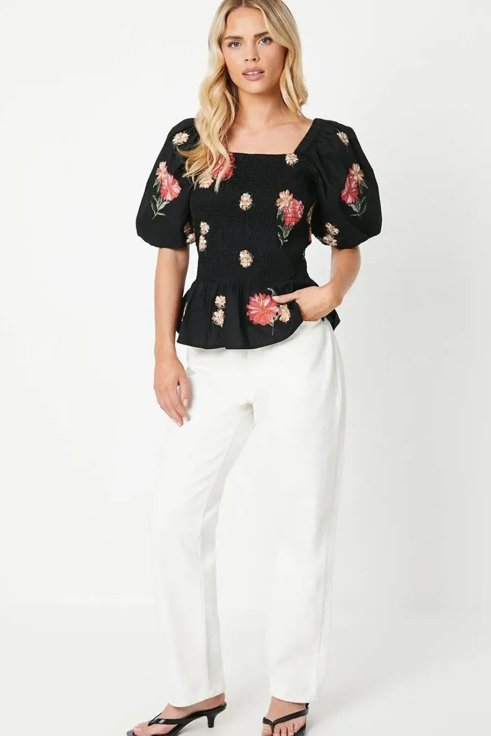 Petite Embroidered Shirred Bodice Blouse