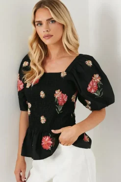 Petite Embroidered Shirred Bodice Blouse
