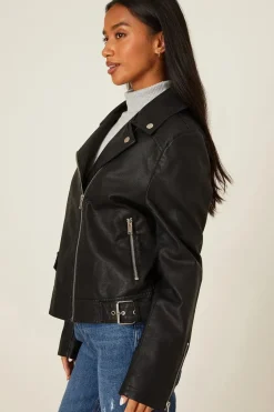 Petite Faux Leather Biker Jacket
