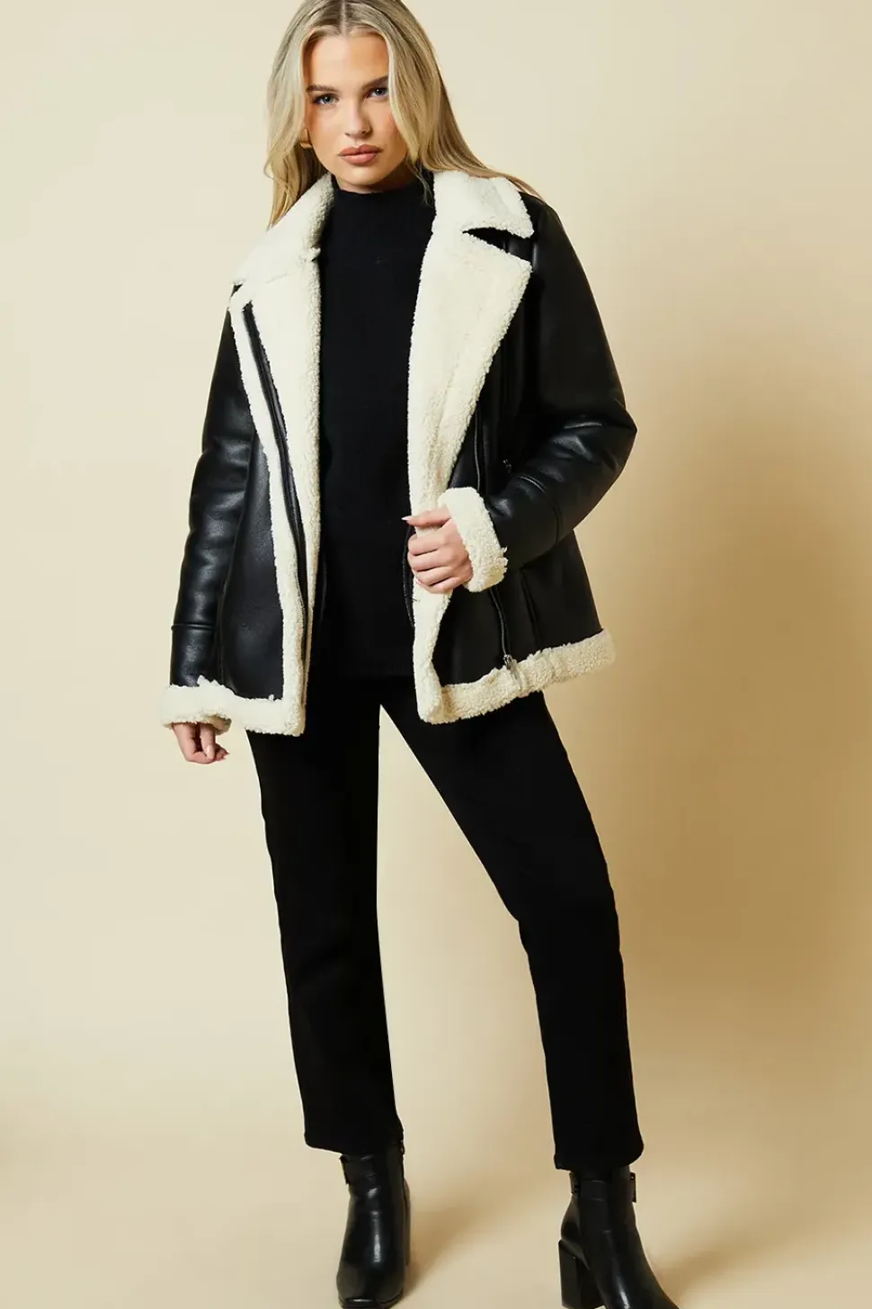 Petite Faux Leather Longline Aviator Jacket